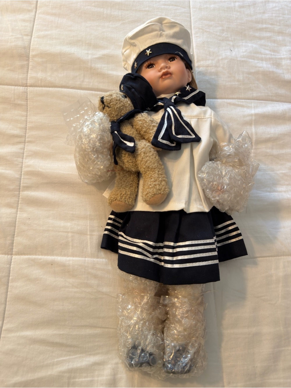 Heritage Porcelain Sailor Doll in Navy and White with Tan Teddy